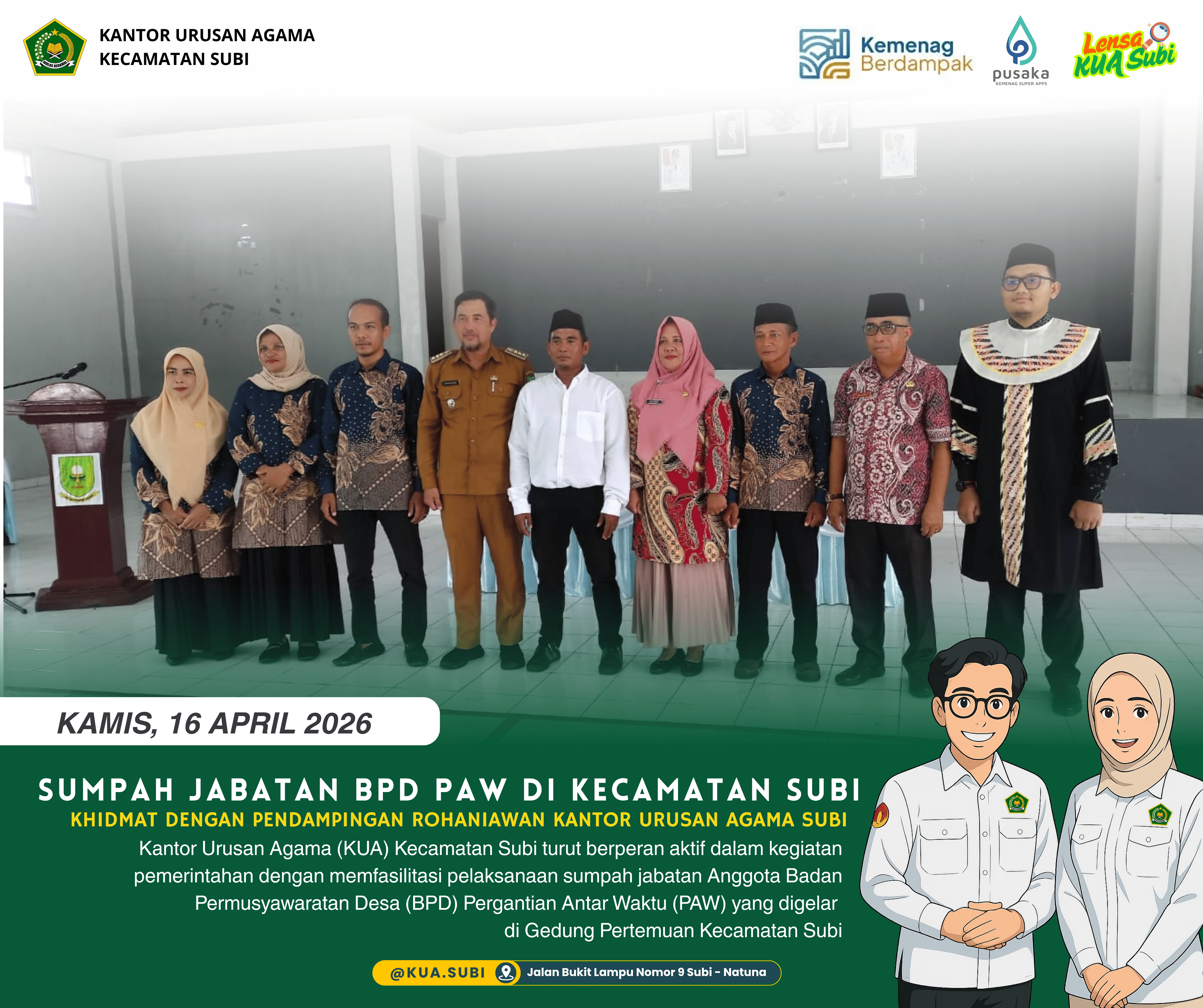 KUA Kecamatan Subi Fasilitasi Sumpah Jabatan Anggota BPD PAW di Gedung Pertemuan Kecamatan Subi